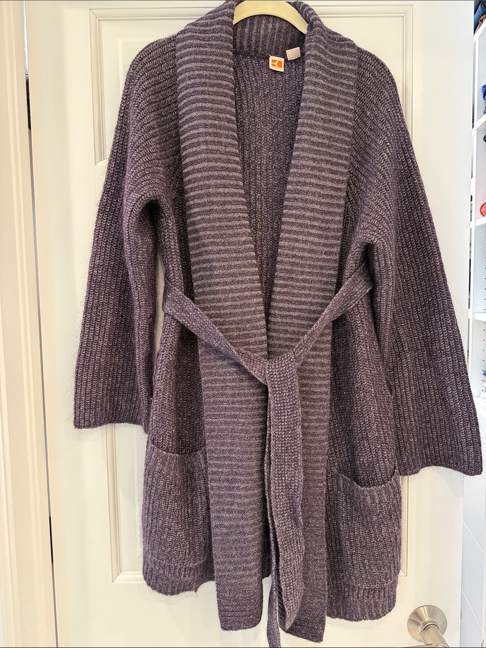 BOSS ORANGE Lavender Ribbed Shawl-Collar Belted Cardigan
